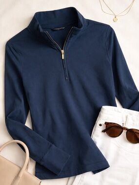 Brooks Brothers Navy Quarter Zip Pullover XS Lightweight Preppy Top Gold buttons